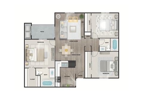 Floor plan for 3 beds, 2 baths, 1300 sqft